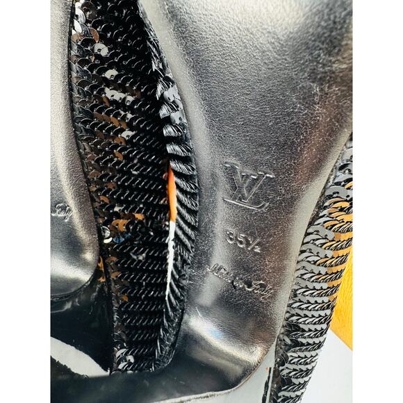 Louis Vuitton Black leather Sequin Peep Toe Platform Pumps Heels Size 35.5 - Picture 4 of 13